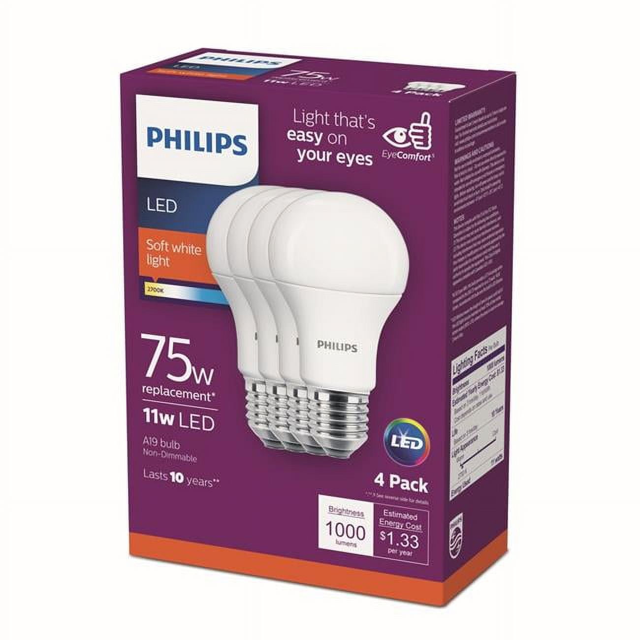 Philips Soft White Dimmable LED A19 Light Bulb Pack