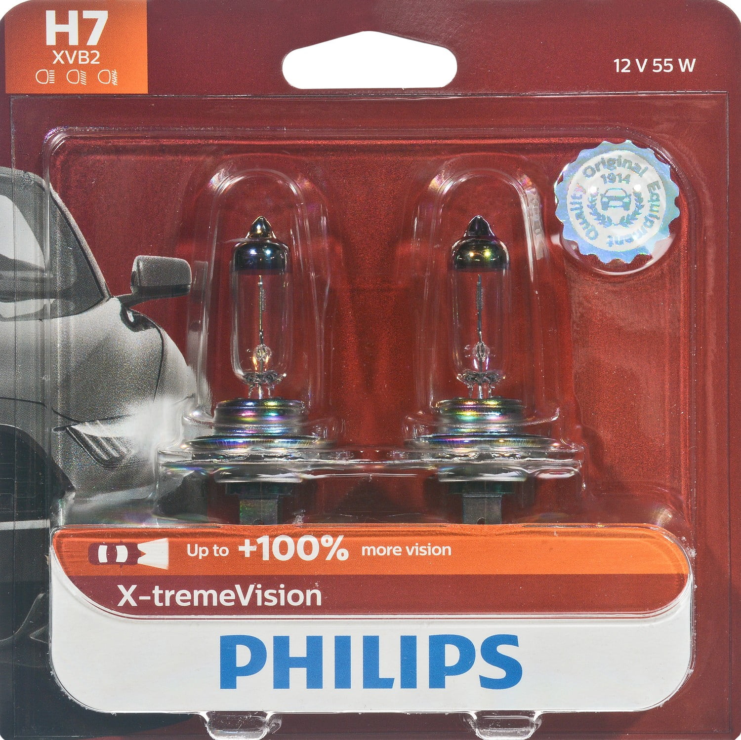 Philips H7 12972 XV 12V 55W PX26d X-tremeVision Upgrade Bulbs with +100%  More Light 12972XVS2 Pack of 2 Bulbs 