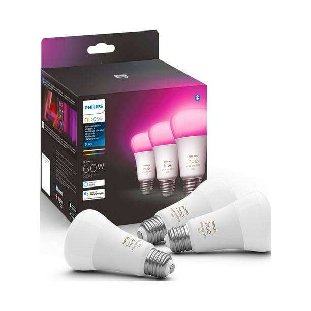 Philips Hue 3 Pack A19 Bluetooth LED Smart Bulbs White and Color Ambiance Alexa Compatible Multicolored Walmart Business Supplies