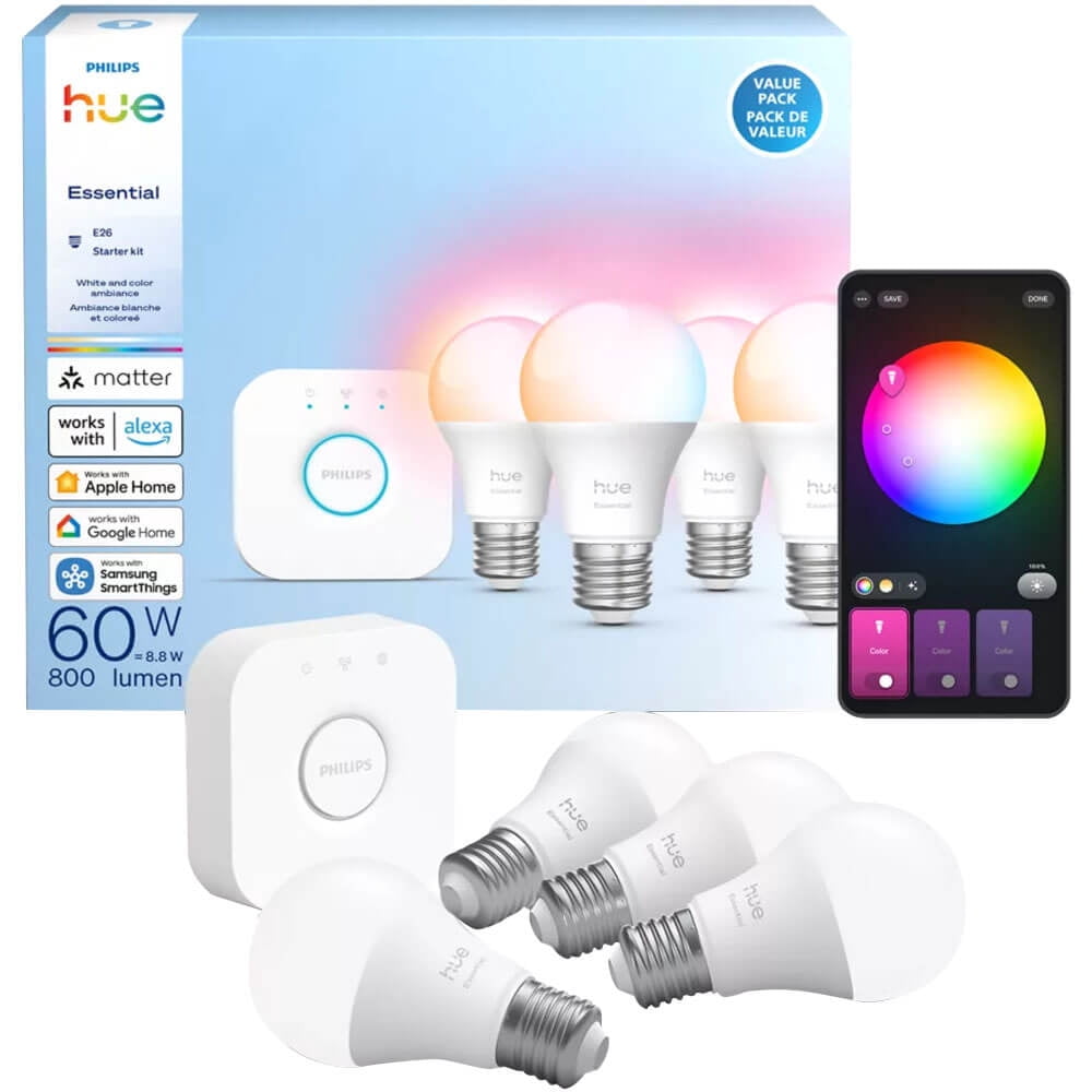 Philips Hue White and Color A19 60W Smart LED Essential Starter Kit with Bridge