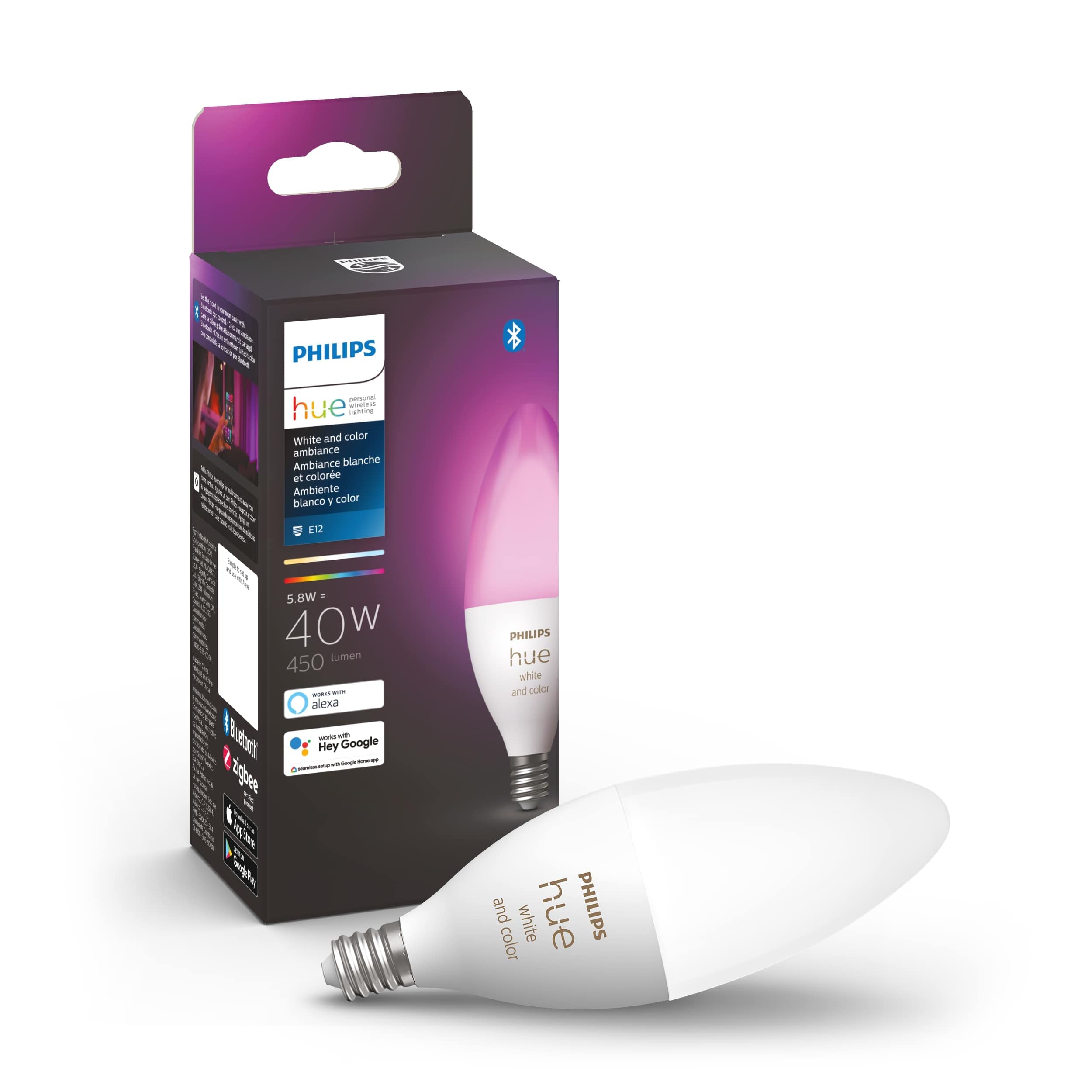 Philips Hue Smart 40W B39 CandleShaped LED Bulb White and Color
