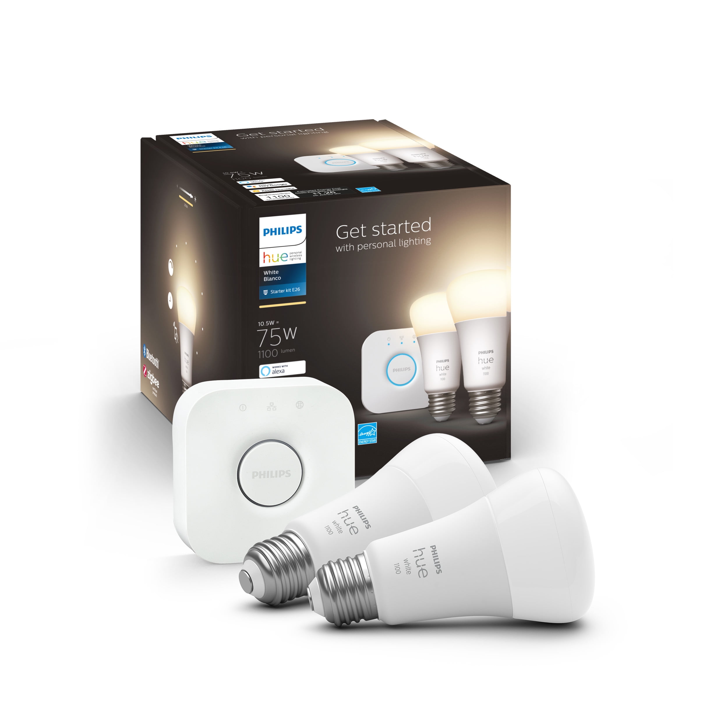 Philips Hue White A19 Bluetooth 75W Smart LED Starter Kit, White 
