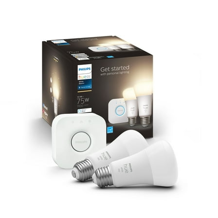 Philips Hue White A19 Bluetooth 75W Smart LED Starter Kit, White