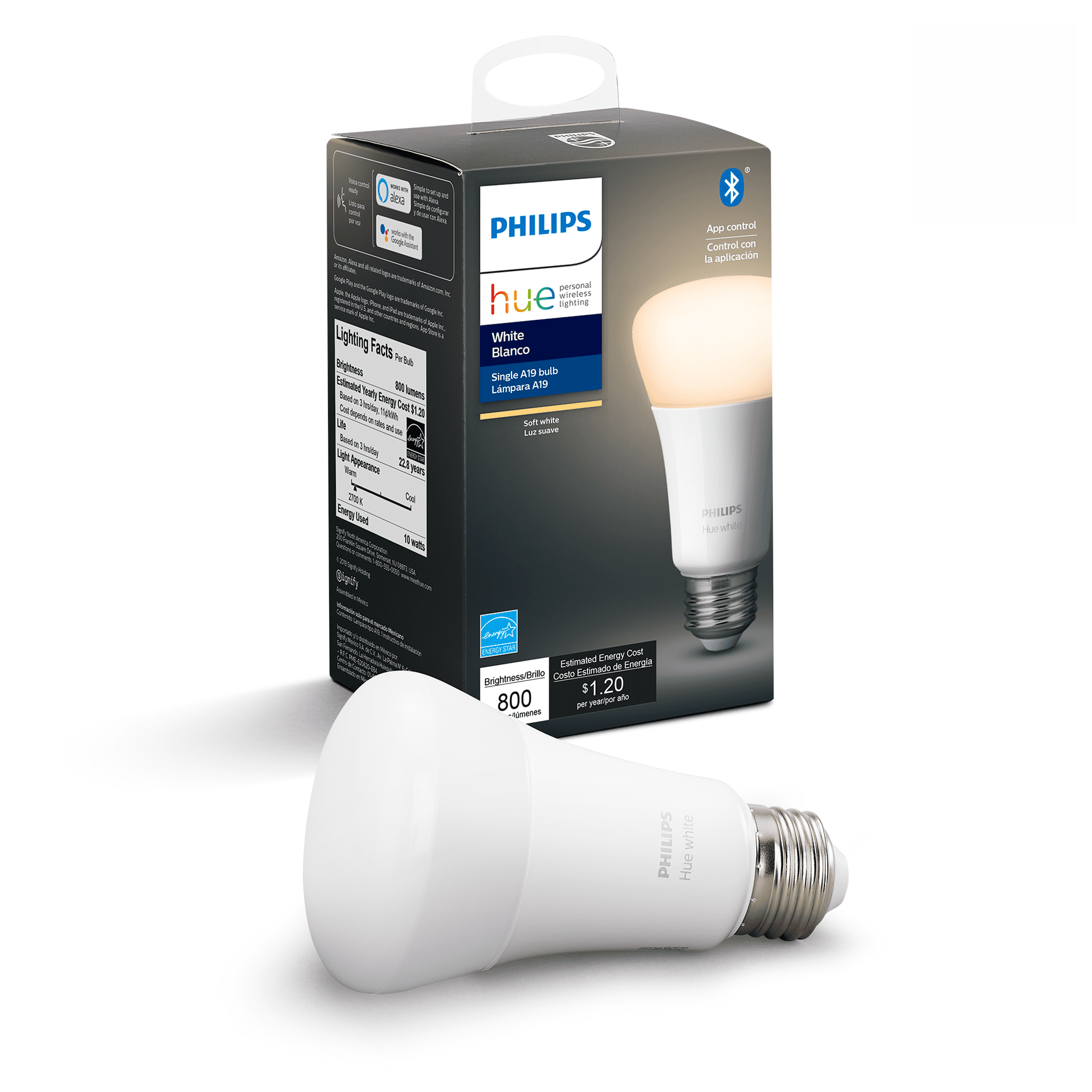 Philips Hue White Ambiance A19 LED 60-Watt Wi-Fi Connected Smart Light Bulb, E26 Medium Base (1-Pack) - Walmart.com
