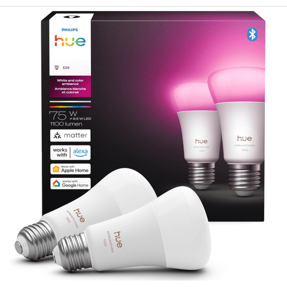 Philips Hue Smart LED A19 Bulb, White and Color Ambiance, E26 Base, 9.5W, Full Spectrum Light 1000K-20000K, 1100 Lumens, Dimmable, Works with Alexa, Google Assistant, and Apple Home, 2 Pack