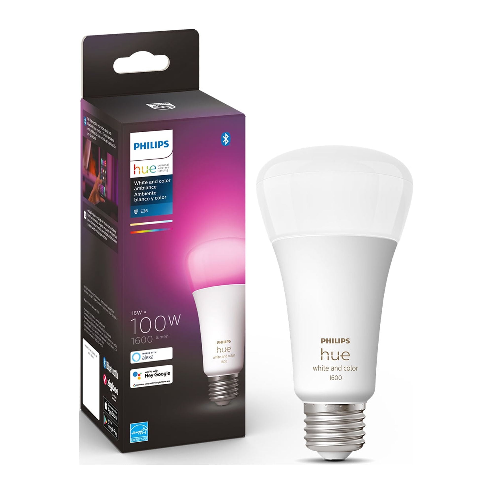 Philips Hue A21 White Ambiance Bulb (1600 lumens) Smart LED light bulb with  dimmable shades of white light and Bluetooth® at Crutchfield