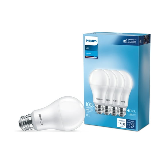 Philips LED 100-Watt A19 Light Bulb, Frosted Daylight, Non-Dimmable, E26 Medium Base (4-Pack)