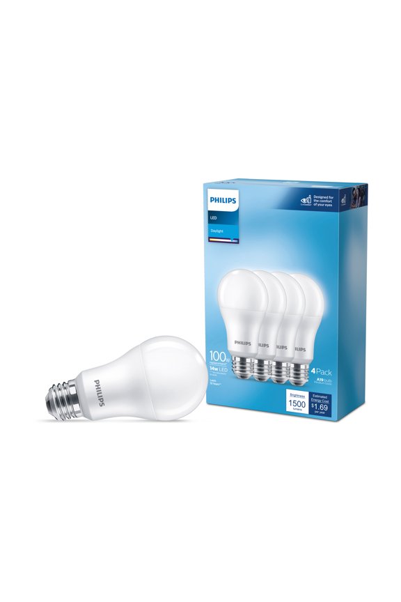 Philips LED 100-Watt A19 Light Bulb, Frosted Daylight, Non-Dimmable, E26 Medium Base (4-Pack)