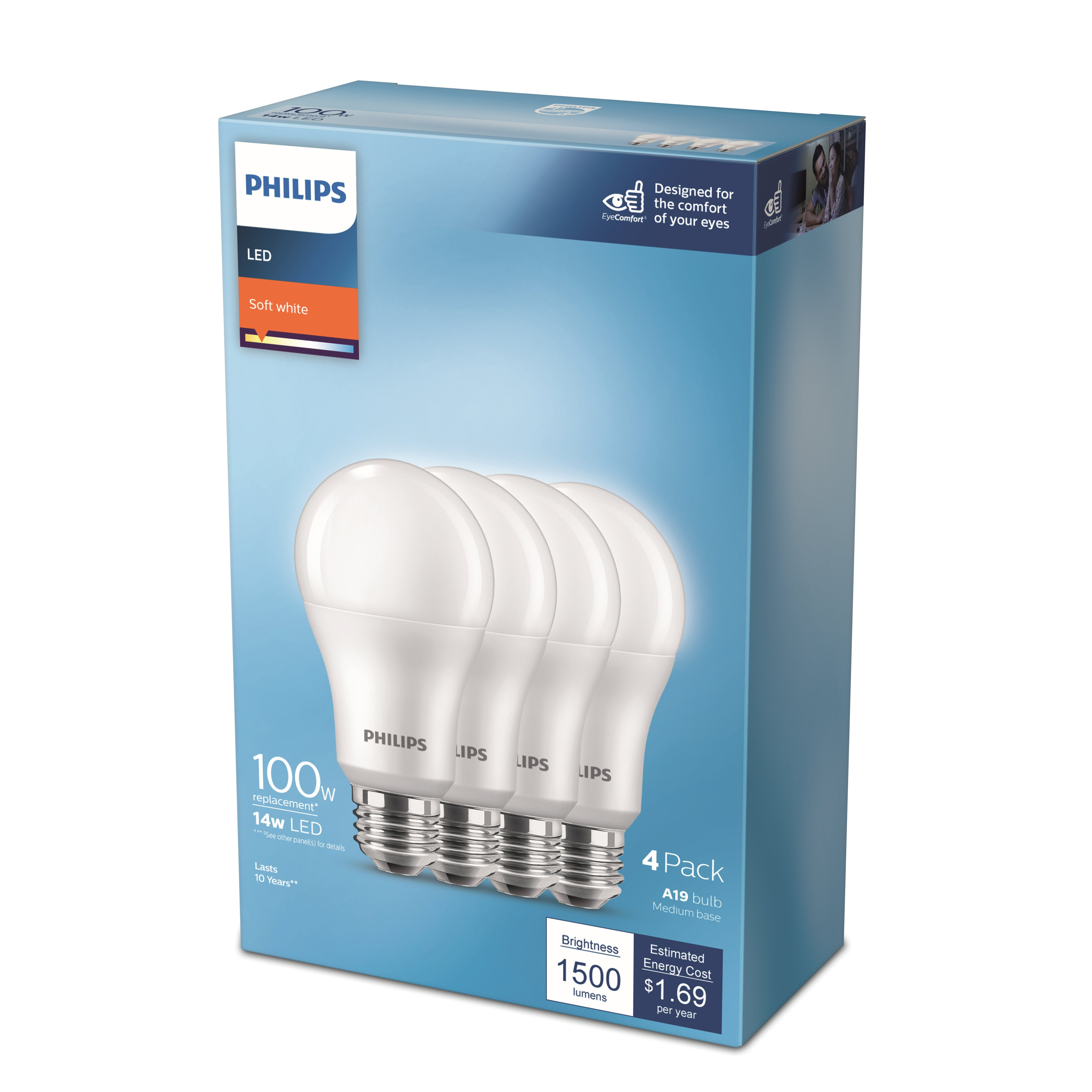 Philips LED Non-Dimmable A19 Frosted Light Bulb: 1500-Lumen, 5000-Kelvin,  14-Watt (100-Watt Equivalent), E26 Medium Screw Base, Daylight, 4-Pack