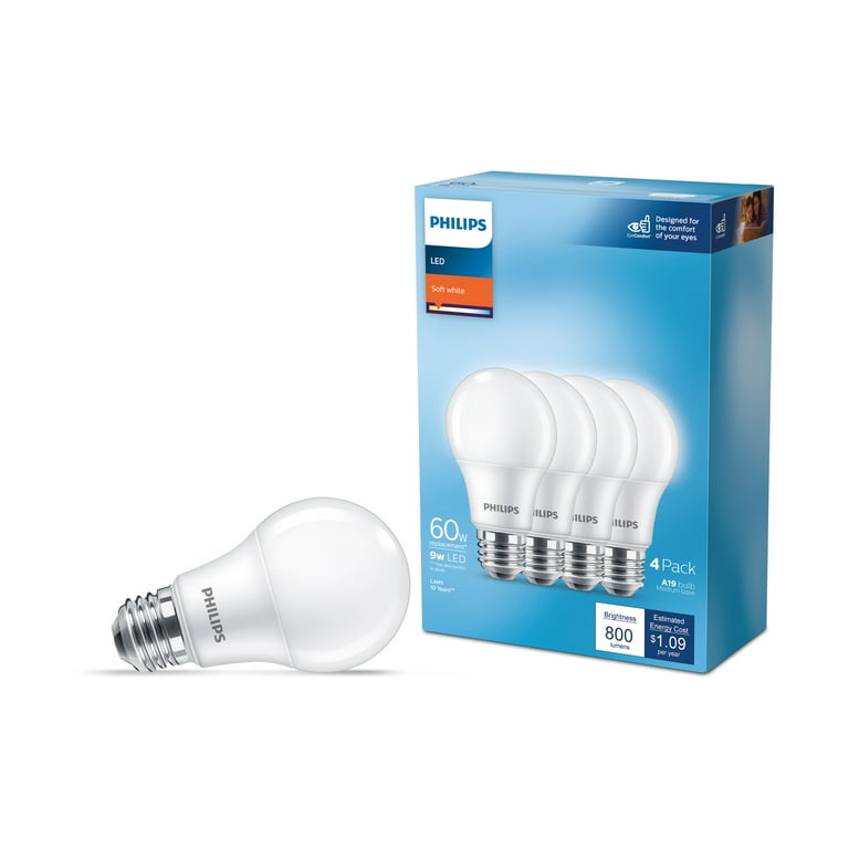 Philips 60-Watt Equivalent A19 Non-Dimmable Energy Saving Frosted Classic Glass LED Light Bulb Soft White (2700K) (4-Pack) Philips 60-Watt Equivalent A19 Non-Dimmable Energy Saving Frosted Classic Glass LED Light Bulb Soft White (2700K) (4-Pack)