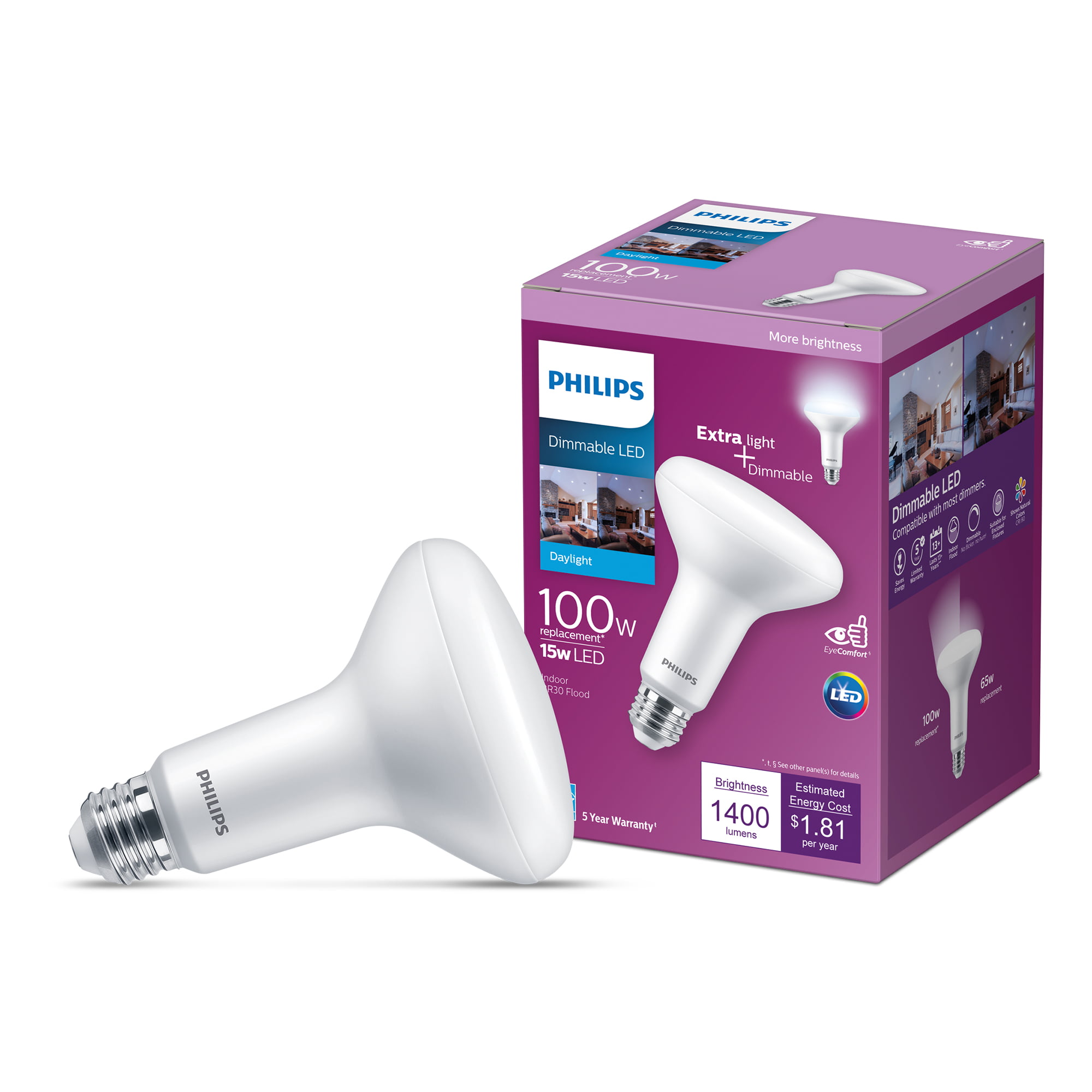 Fejde strække Chip Philips LED 100-Watt BR30 Indoor & Outdoor Floodlight Light Bulb, Frosted  Daylight, Dimmable, E26 Medium Base, 5-Inch Recessed Can (1-Pack) -  Walmart.com