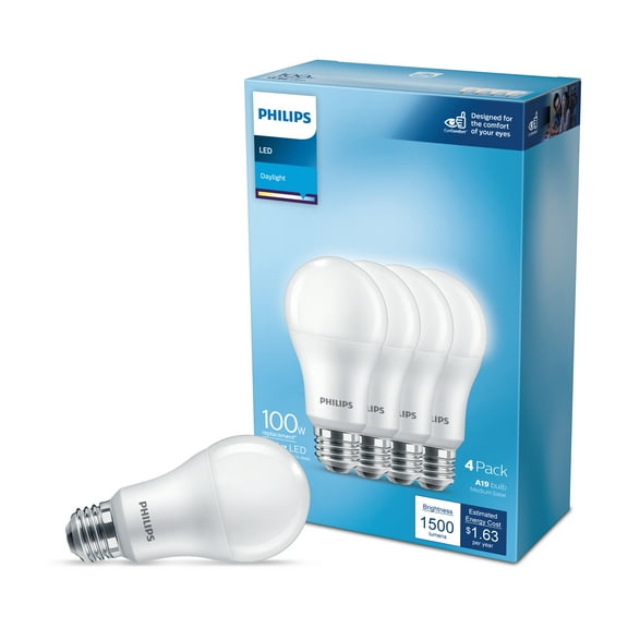 Philips LED 100-Watt Equivalent A19 General Purpose Household Light Bulb, Frosted Daylight, Non-Dimmable, E26 Medium Base (4-Pack)