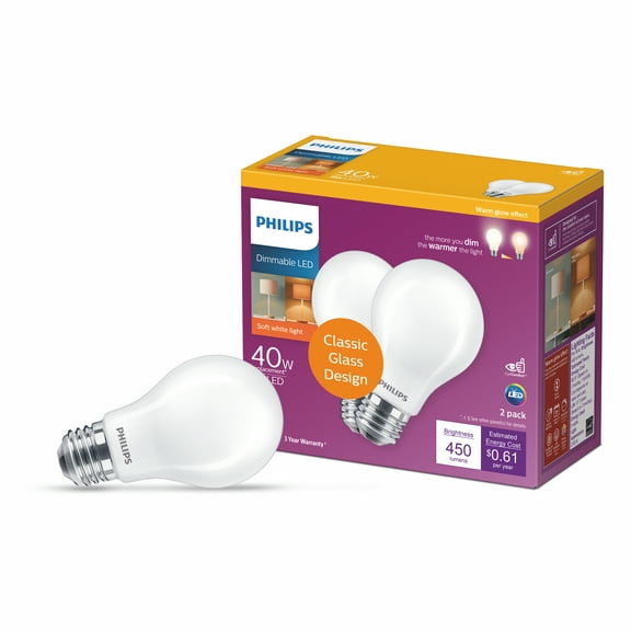 Philips LED 40-Watt A19 General Purpose Household Light Bulb, Frosted Soft White, Dimmable, E26 Medium Base (2-Pack)