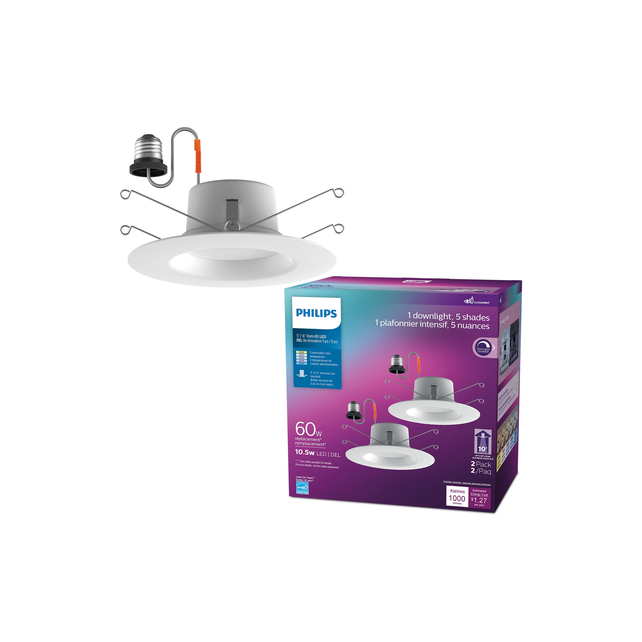Efterligning Bar Regn Philips LED 60-Watt 5 to 6-inch Trim Size Can Retrofit Downlight, 5 Shades  of White, Dimmable (2-Pack) - Walmart.com