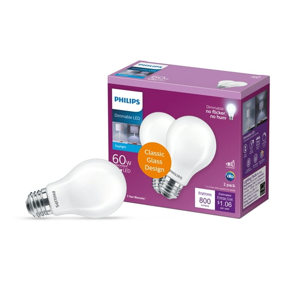 Philips LED 60-Watt A19 General Purpose Light Bulb, Frosted Daylight, Dimmable, E26 Medium Base (2-Pack)