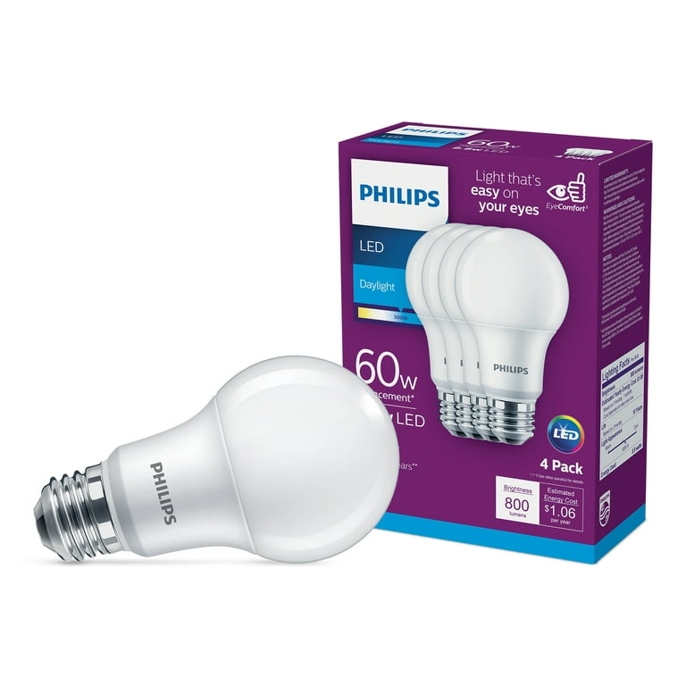 Philips LED 60-Watt A19 General Purpose Light Bulb, Frosted Daylight,  Non-Dimmable, E26 Medium Base (4-Pack) 
