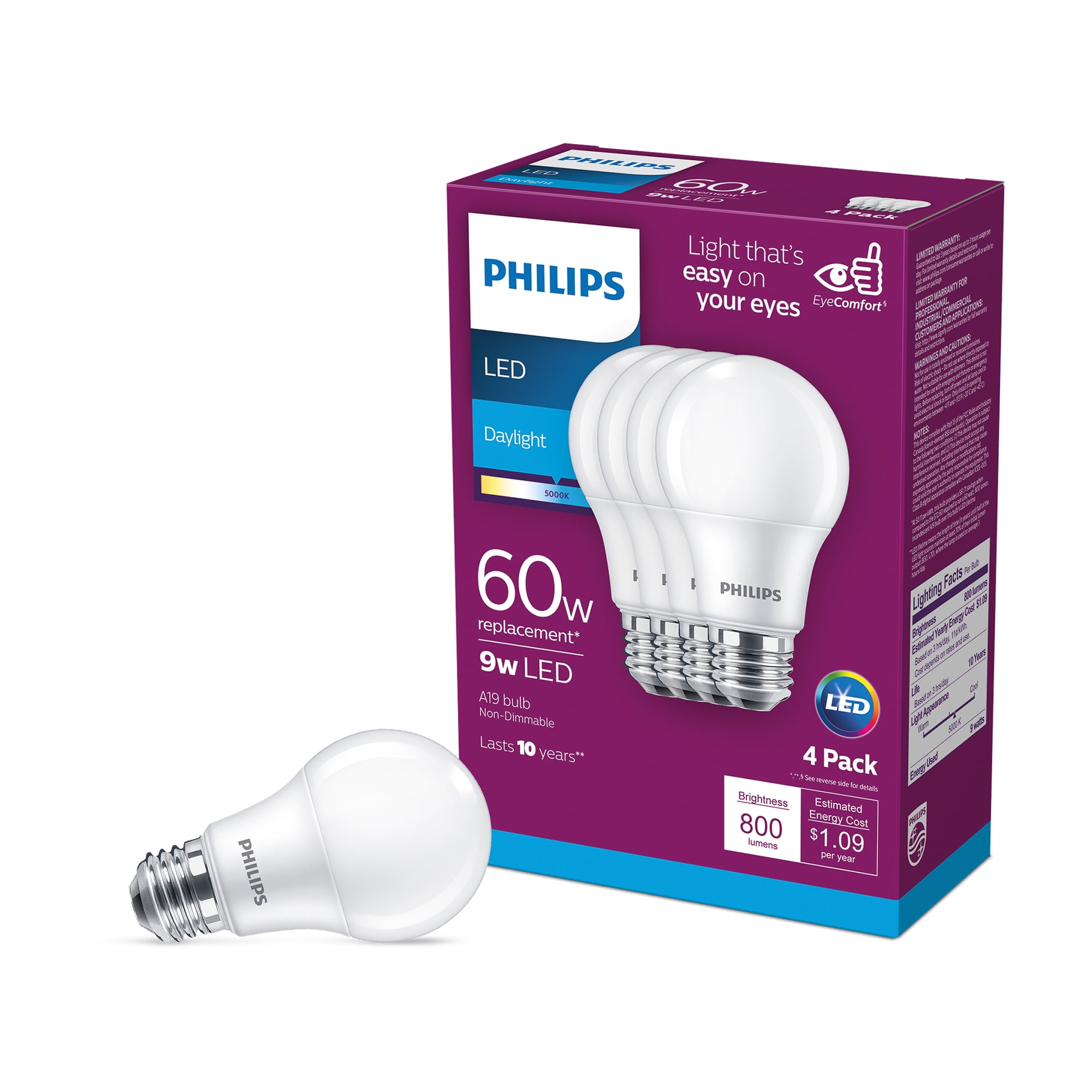 Philips LED Daylight A19 Light Bulb 9 Watt, 4 Pack