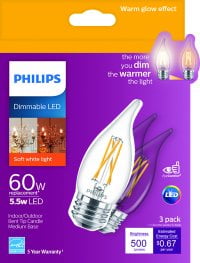 Philips LED 60-Watt BA11 Candle Light Bulb, Clear Soft White Warm Glow, Dimmable, E26 Base (3-Pack)
