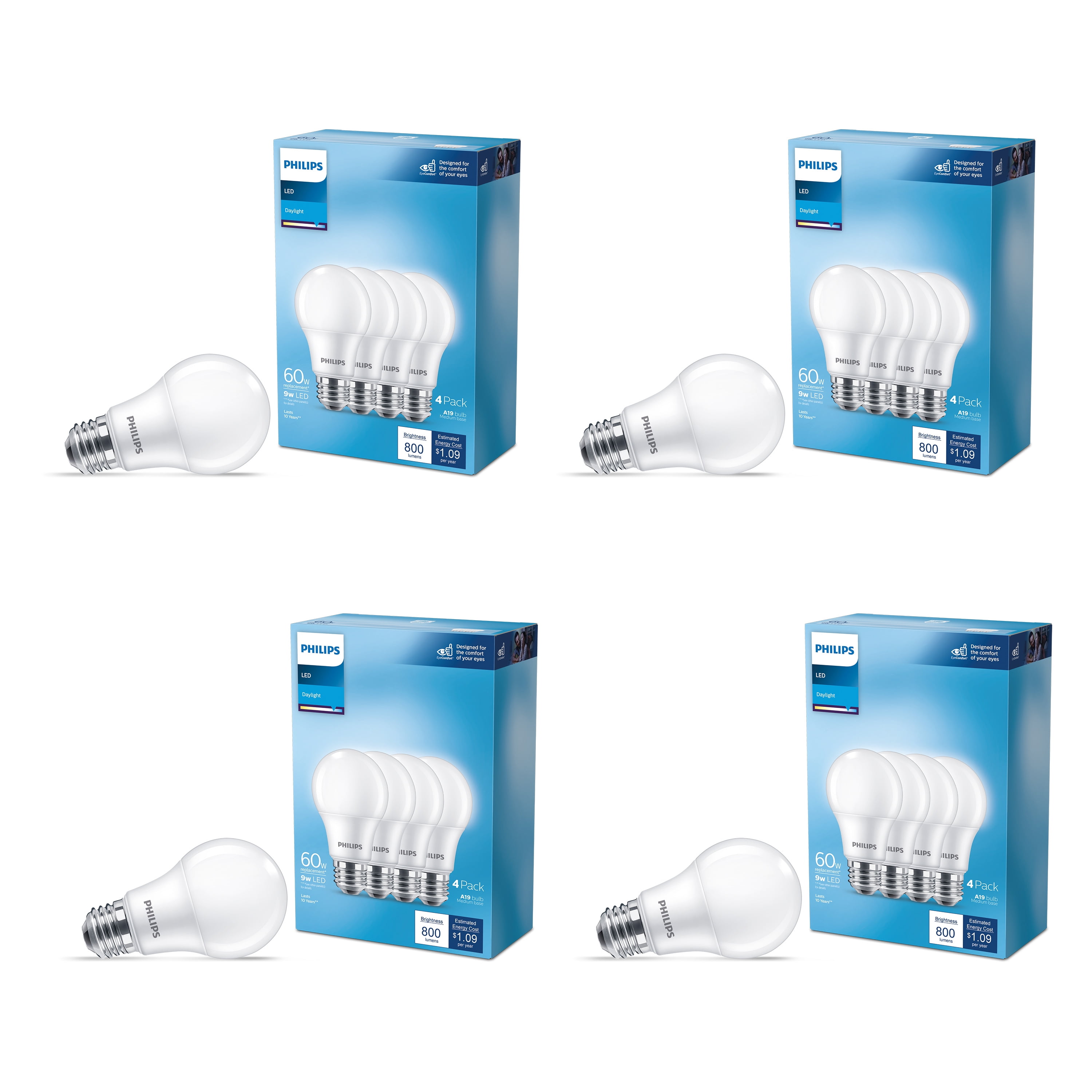 Philips LED 60-Watt Equivalent A19 General Purpose Household Light Bulb, Frosted Daylight, Non-Dimmable, E26 Medium Base (16-Pack)