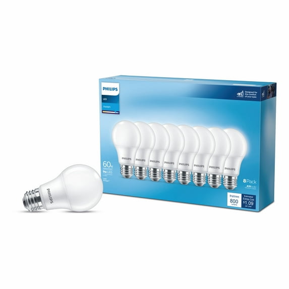 Philips LED 60-Watt Equivalent A19 General Purpose Household Light Bulb, Frosted Daylight, Non-Dimmable, E26 Medium Base (8-Pack)