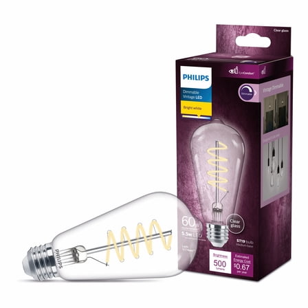 Philips LED 60-Watt ST19 Straight Tubular Filament Lightbulb, Clear Bright White, Dimmable, E26 Medium Base (1-Pack):