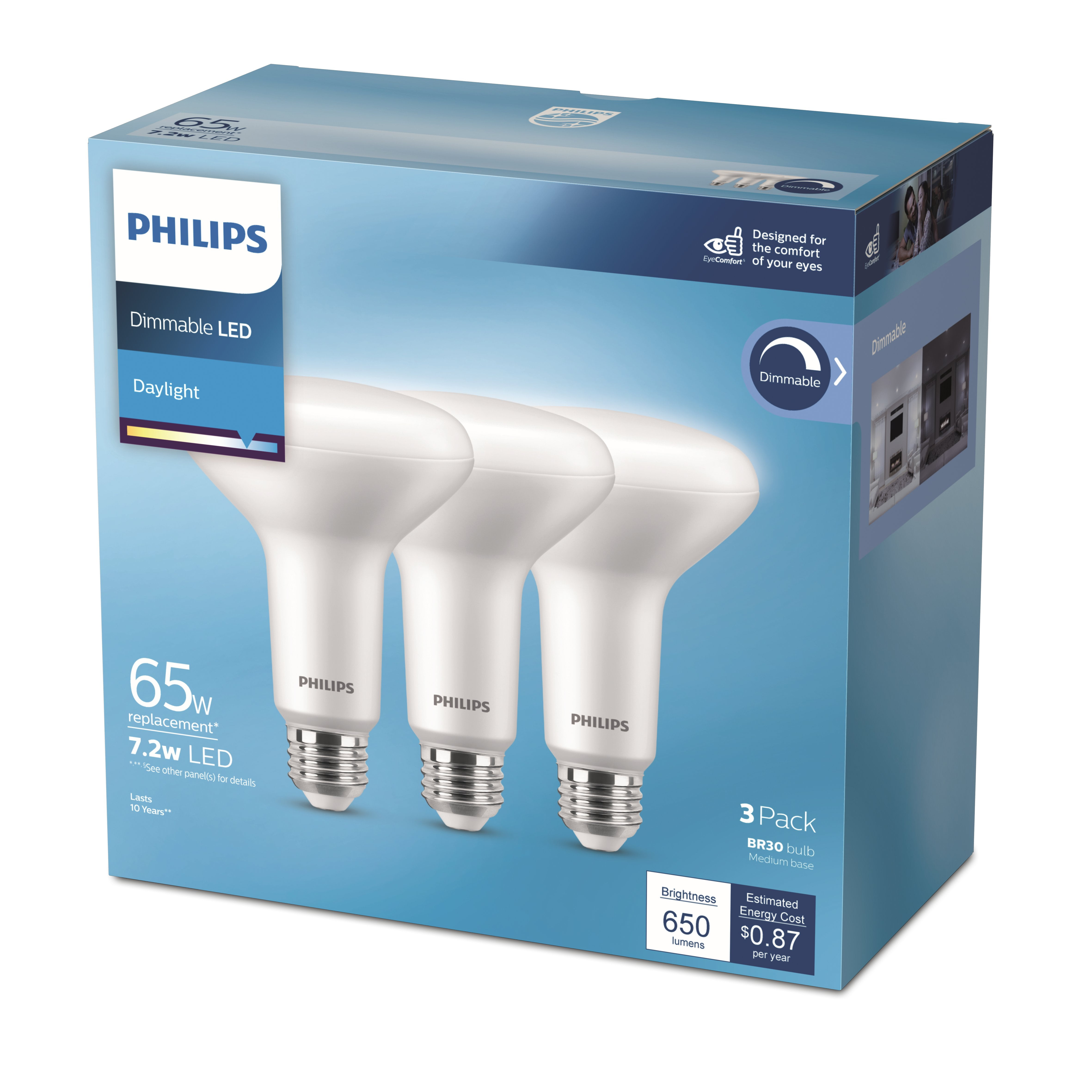 Philips LED 65-Watt BR30 Indoor 5-inch Recessed Can Downlight Light Bulb,  Frosted Daylight, Dimmable, E26 Medium Base (3-Pack) 