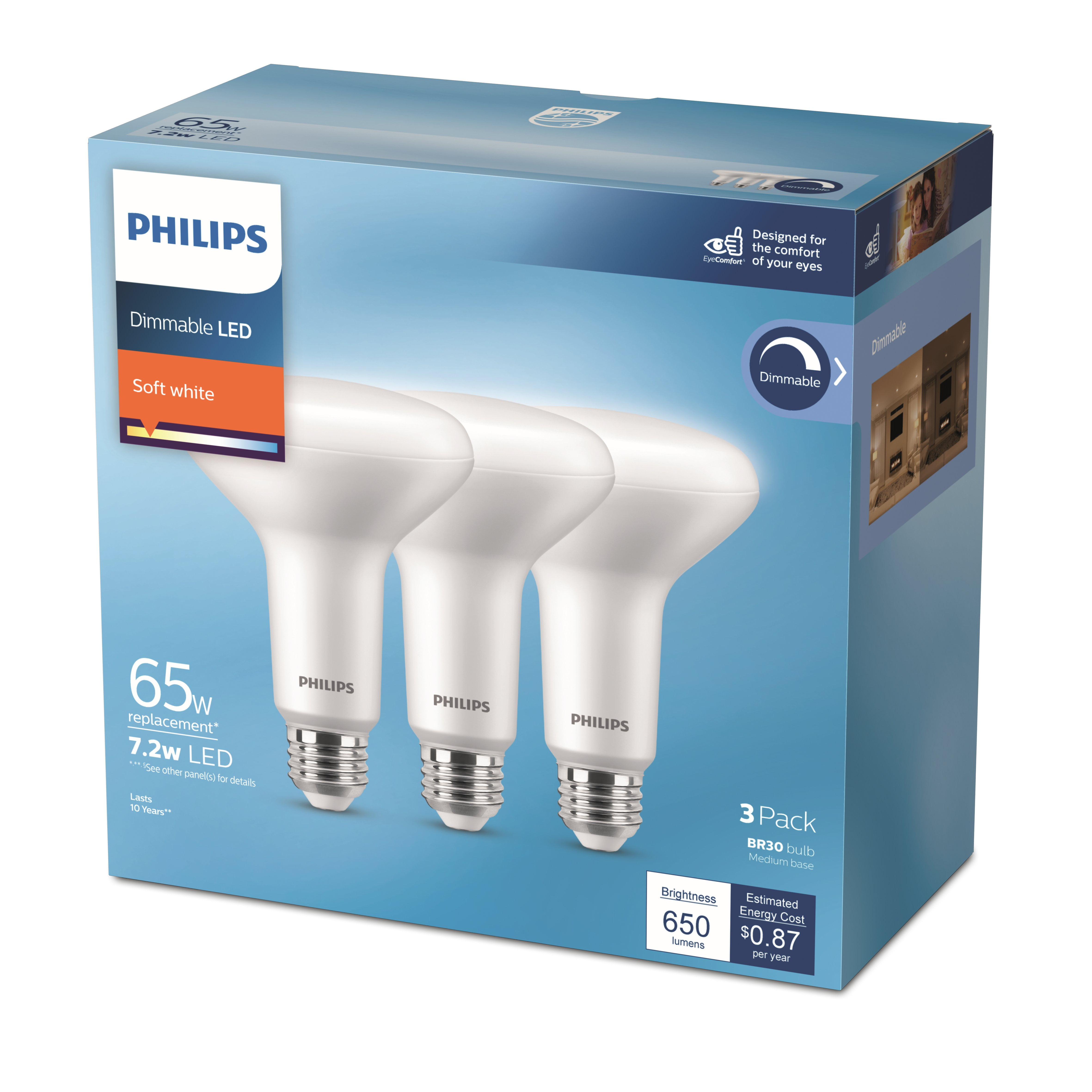 Philips LED 65 Watt BR30 Indoor Recessed Can Downlight Light Bulb Frosted Soft White Dimmable E26 Medium Base 3 Pack