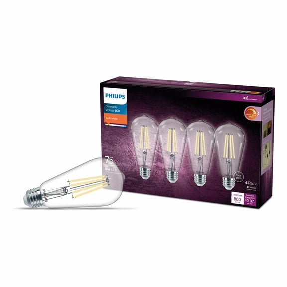 Philips LED 75-Watt ST19 Straight Tubular Filament Light Bulb, Clear Soft White, Dimmable, E26 Medium Base (4-Pack)
