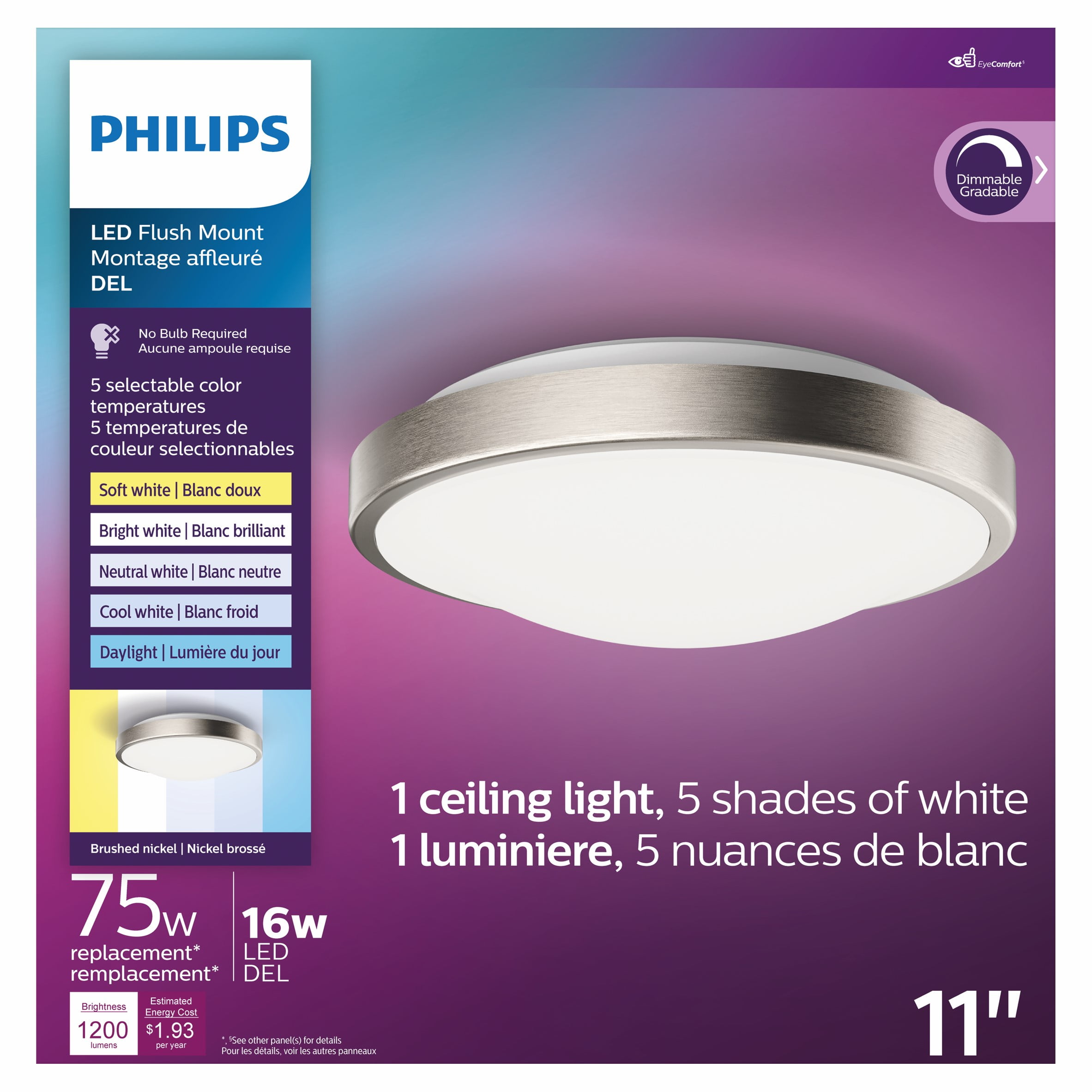 Philips Led 90 Watt 5 Shades Of White Dimmable Flush Mount Ceiling Light 11 In 582833