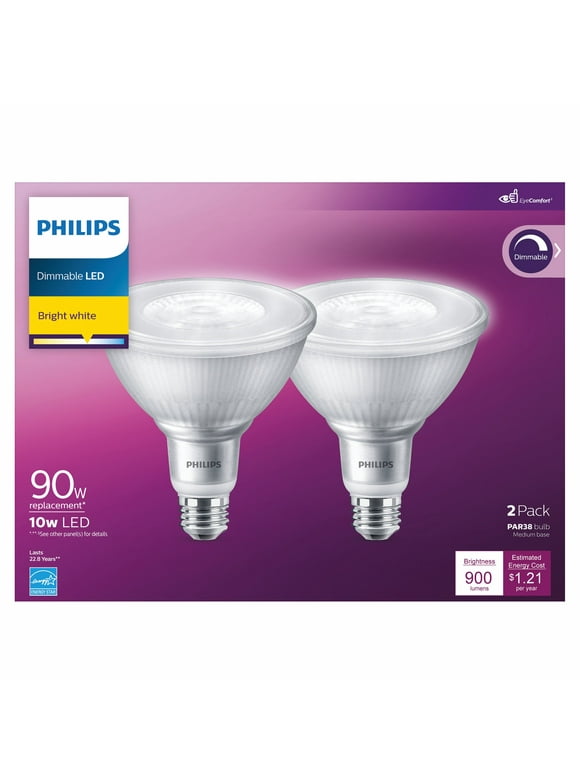 Philips LED 90-Watt PAR38 In/Outdoor Flood Light Bulb, Bright White, Dimmable, 40° Beam Spread, E26 Medium Base (2-Pack)