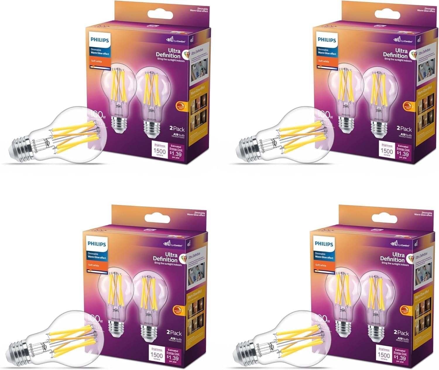 Philips LED A19 Ultra Definition Dimmable LED Light Bulbs - Flicker-Free 100w Light Bulbs with EyeComfort Technology - Soft White 2700K Lightbulb - 1500 Lumen - E26 Base - 8 Pack