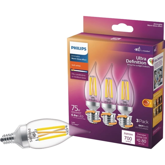Philips LED BA11 Candelabra LED Light Bulbs - Flicker Free 75w Light Bulbs with EyeComfort Technology - Soft White 2700K Lightbulb - 700 Lumen - E12 Base - 3 Pack