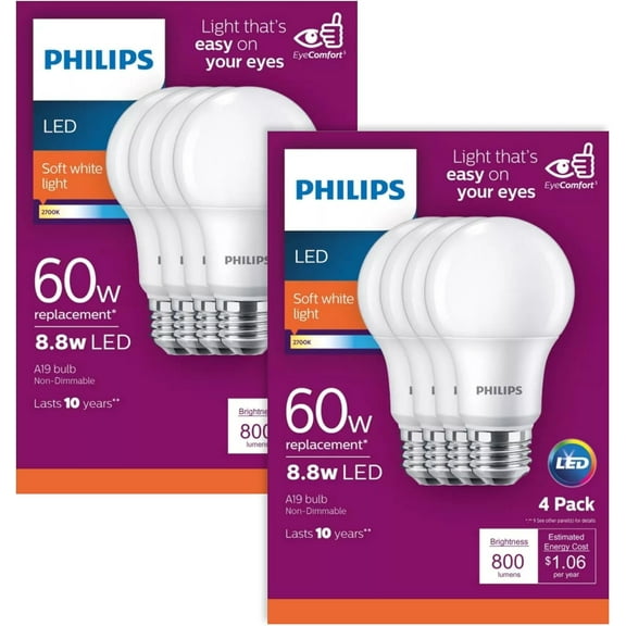 Philips LED Light Bulb, A19 Non-Dimmable Frosted, 800 Lumens, 60W Equivalent, Soft White, 8-Pack