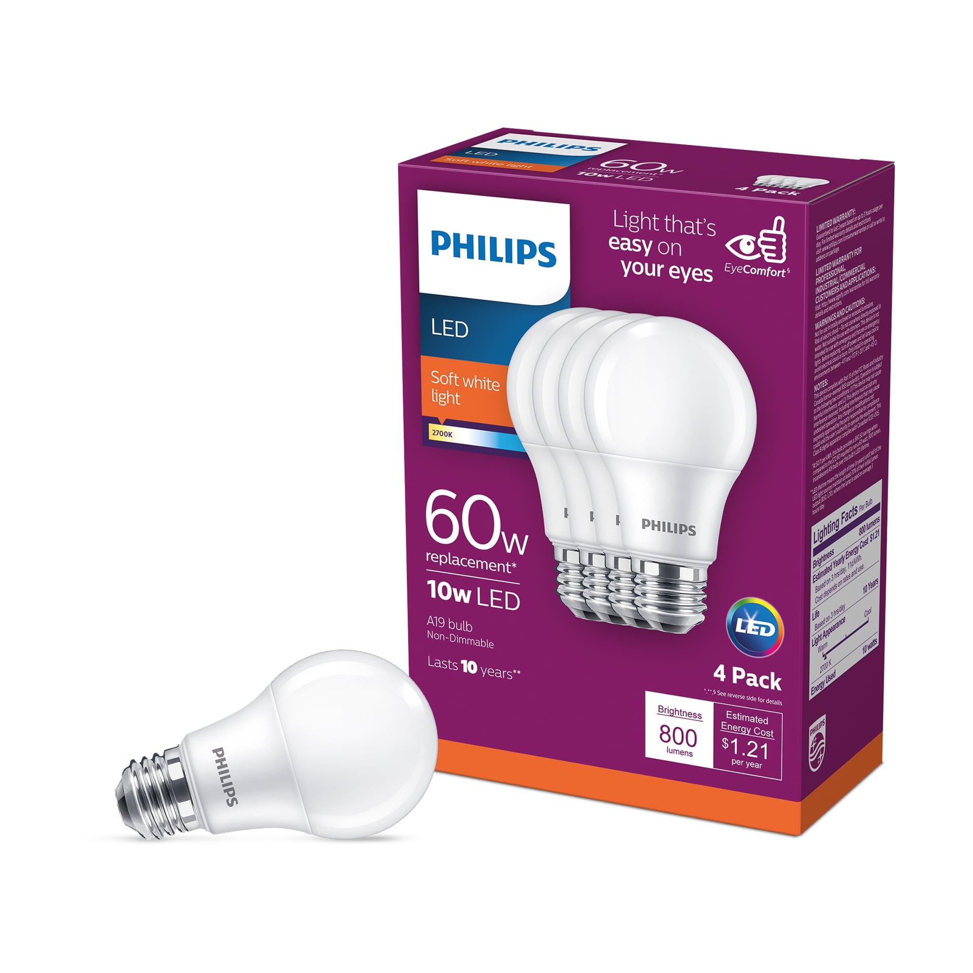 Philips LED Light Bulb, A19, White, 60 4 Ct - Walmart.com