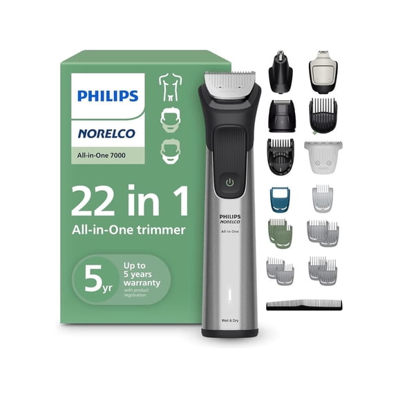 Philips Norelco All-in-One 7000 Series 22-Piece Trimmer - Electric Shaver and Clipper for Face, Beard, Head & Body, Self-sharpening Full Metal Blades, 28 Length Settings (0.5-16 mm), MG7975/49