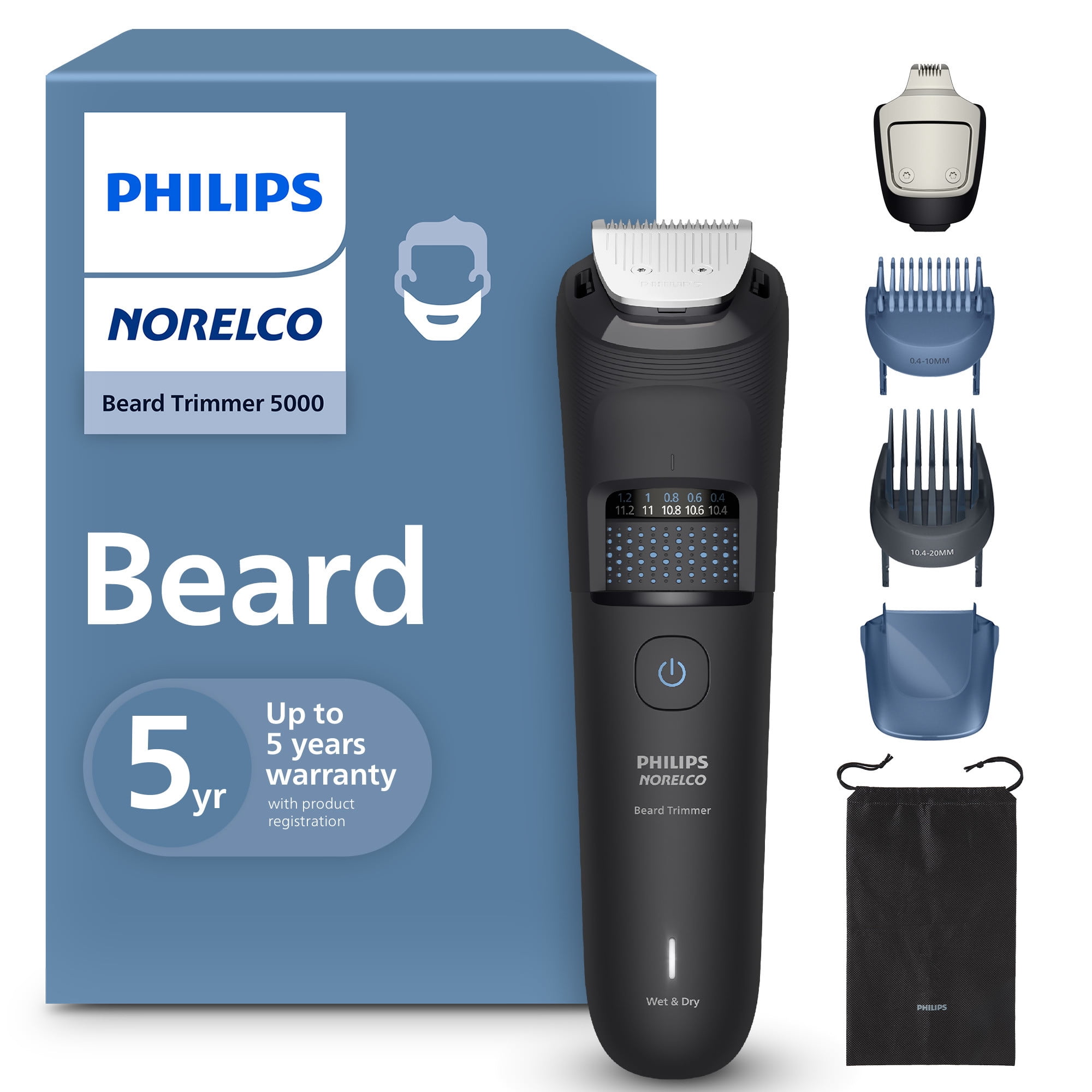 Philips Norelco Beard Trimmer 5000 Series, 100% Waterproof Beard Styler, Precision Dial with 40 Lock-In Trimming Settings, Self-Sharpening Metal Blades & Beard 