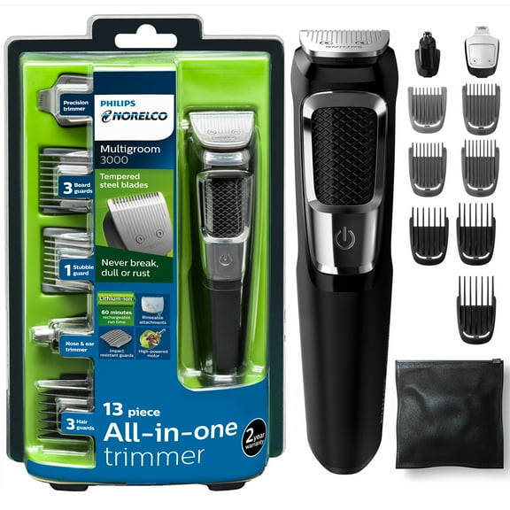 Philips Norelco Multi Groomer - 13 Piece Mens Grooming Kit For Beard, Face, Nose, and Ear Hair Trimmer and Hair Clipper - No Blade Oil Needed, MG3750/60