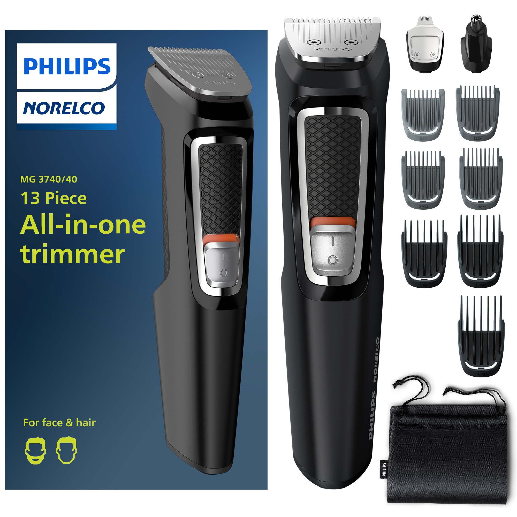 Philips Norelco Multi Groomer - 13 Piece Mens Grooming Kit For Beard, Face, Nose, and Ear Hair Trimmer and Hair Clipper - No Blade Oil Needed, MG3740/40 - image 1 of 16