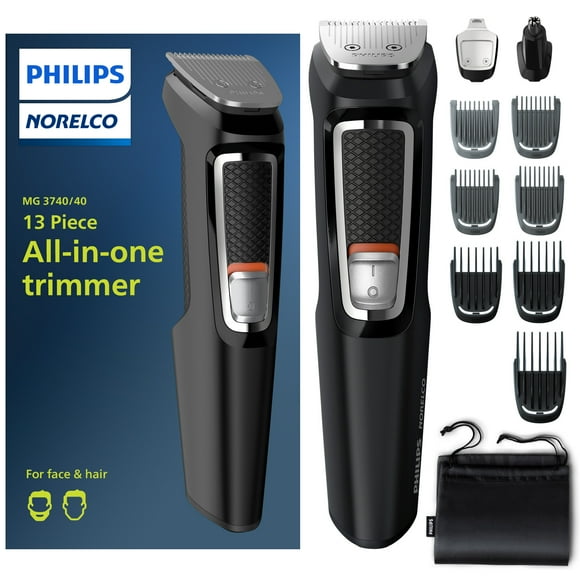 Philips Norelco Multi Groomer - 13 Piece Mens Grooming Kit For Beard, Face, Nose, and Ear Hair Trimmer and Hair Clipper - No Blade Oil Needed, MG3740/40