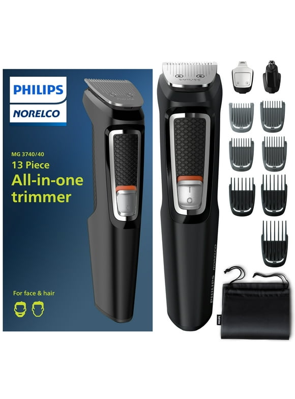 Philips Norelco Multi Groomer - 13 Piece Mens Grooming Kit For Beard, Face, Nose, and Ear Hair Trimmer and Hair Clipper - No Blade Oil Needed, MG3740/40