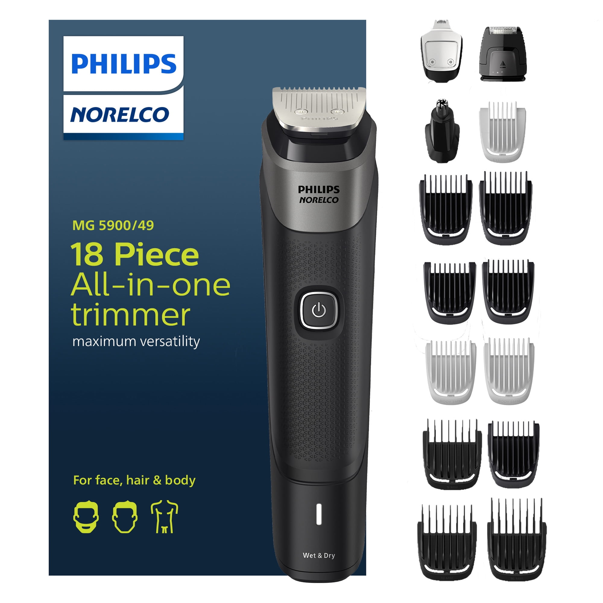 Philips Norelco Multigroom 18 Piece, Beard Face, Hair, Body and Intimate Hair Trimmer For Men - No Oil MG5900/49 Walmart.com