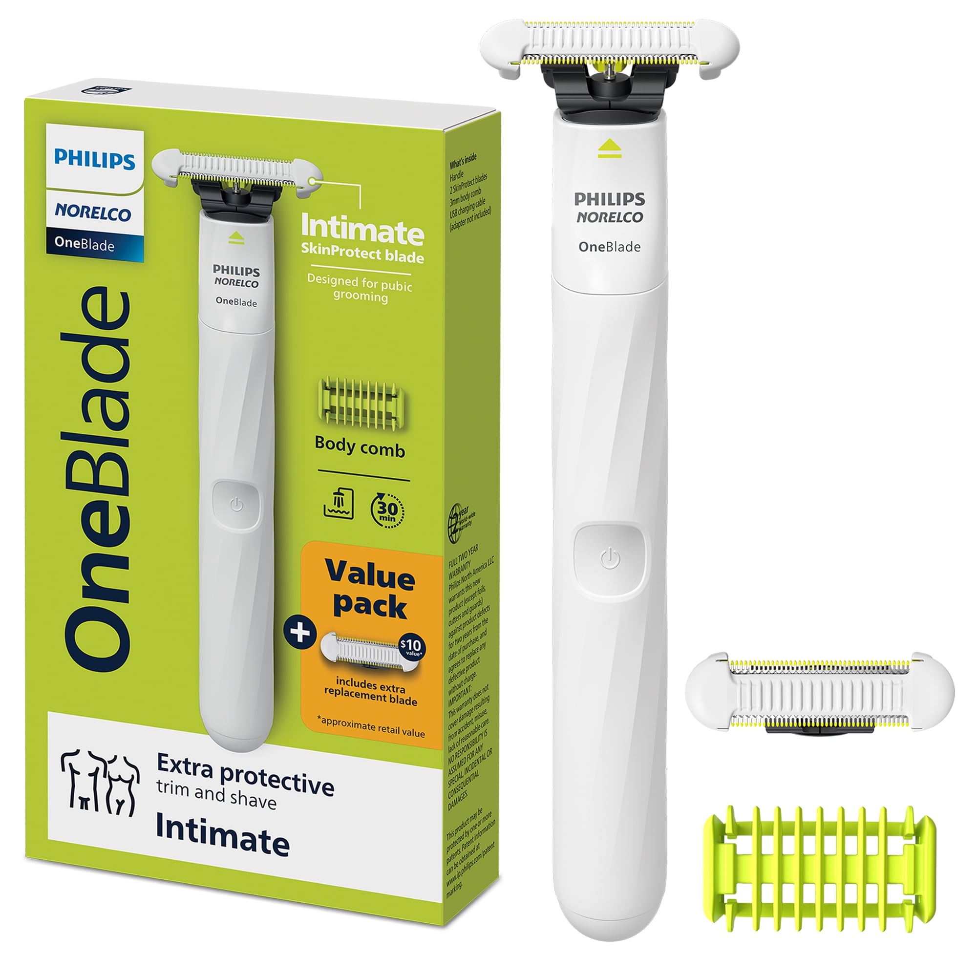 Philips Norelco OneBlade Electric Rechargeable, Intimate Pubic Trimmer, Value Pack with Extra Blade, White, QP1924/71