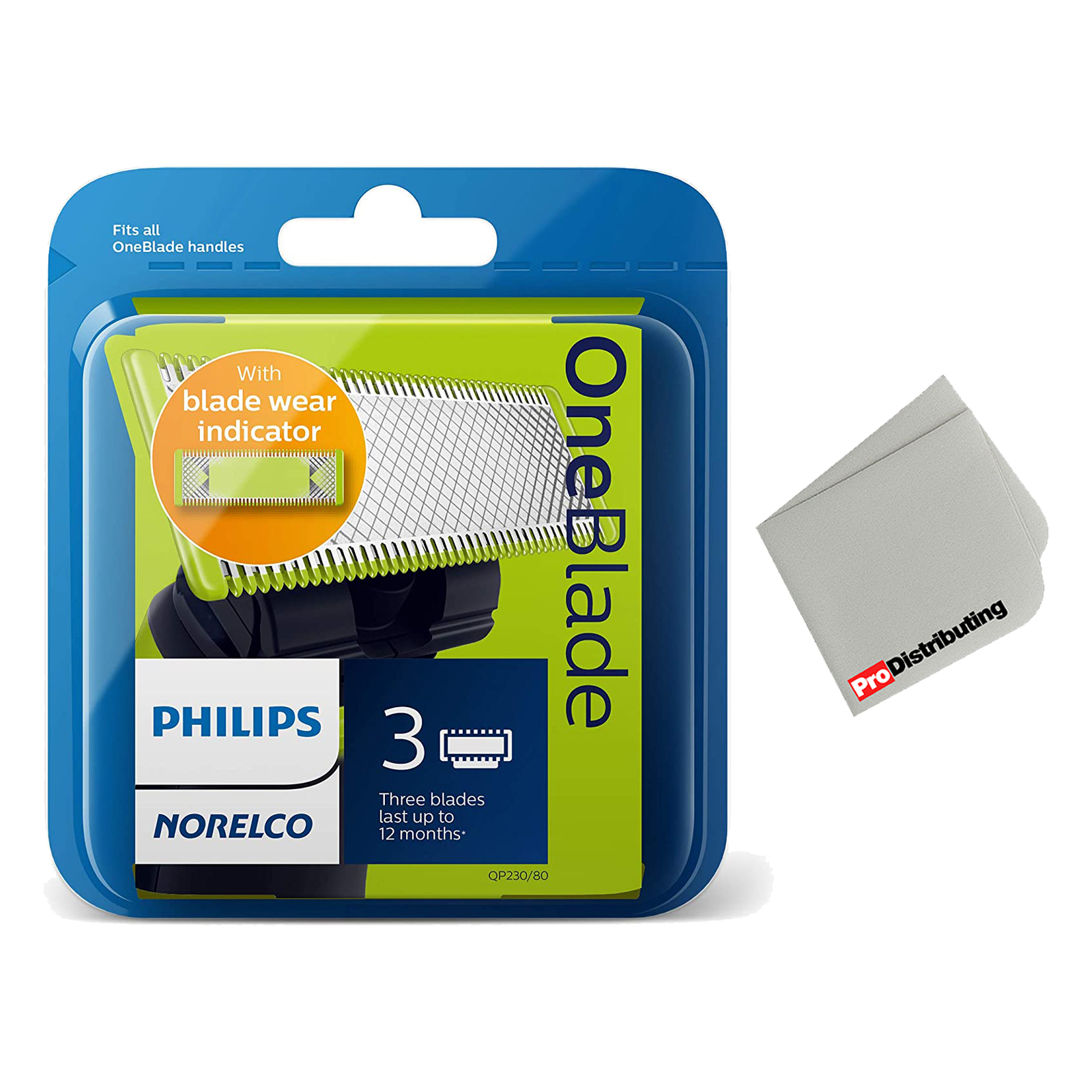 Philips Norelco QP230 OneBlade 3Count Replacement Blades with Microfiber Cleaning Cloth