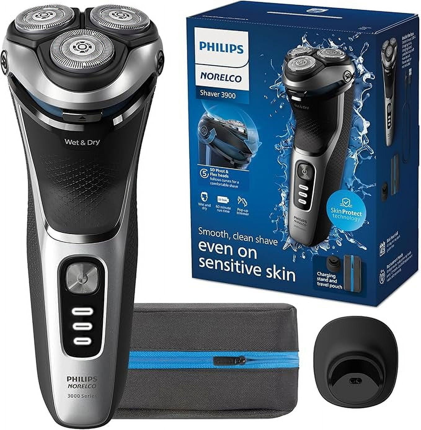 Philips Norelco Shaver 3900 Series Wet and Dry Electric Shaver P-Cap Travel Pouch Charging Stand Storm Blue Model S3341 92