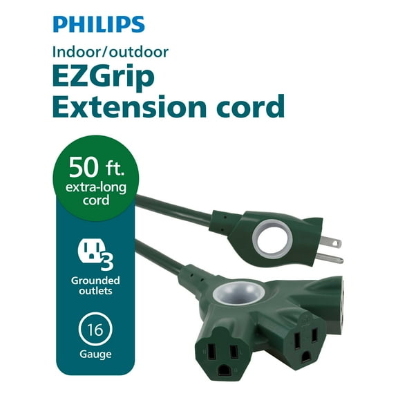Philips Outdoor Extension Cord, 3 Outlet, 16 Gauge, 13 Amps, 50ft, Green