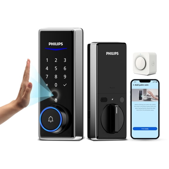 Philips Palm Vein WiFi Smart Lock, 2-in-1 Doorbell+Palm Vein Smart Locks for Front Door, APP Remote Control, Work with Alexa & Google Assistant, Keyless Entry Door Lock, Wireless Chime, Satin Nickel