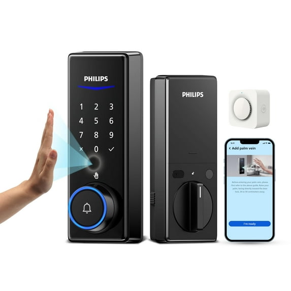 Philips Palm Vein WiFi Smart Lock, 2-in-1 Doorbell+Palm Vein Smart Locks for Front Door, APP Remote Control, Work with Alexa & Google Assistant, Keyless Entry Door Lock, Wireless Chime, Matte Black