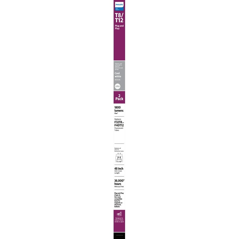 Philips 32-Watt T8/ 40-Watt T12 4 ft. Linear Replacement Universal Fit LED Tube Light Bulb Bright White (3000K) (10-Pack) Philips 32-Watt T8/ 40-Watt T12 4 ft. Linear Replacement Universal Fit LED Tube Light Bulb Bright White (3000K) (10-Pack)