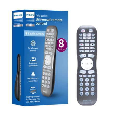Philips Remote Control for Samsung, Vizio, LG, Sony, Sharp, Apple TV, TCL, Panasonic, Streaming Players, Blu-ray, DVD, and More, 8 Device, Backlit, Brushed Graphite, SRP8121G/27