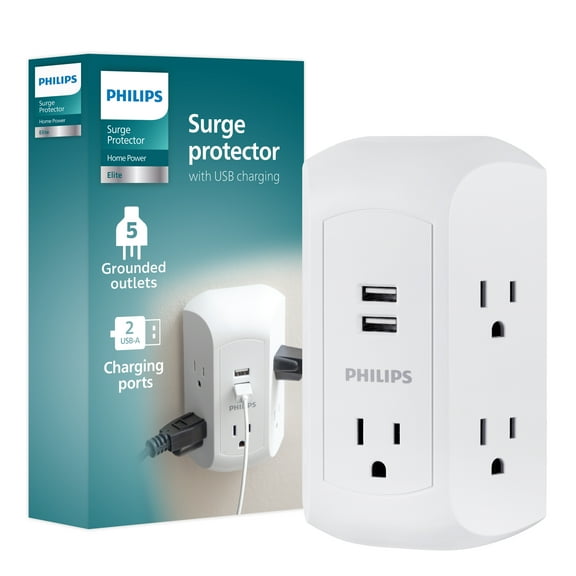Philips 5-Outlet Grounded Tap, 2 USB Ports, 560J, 2.4A, White